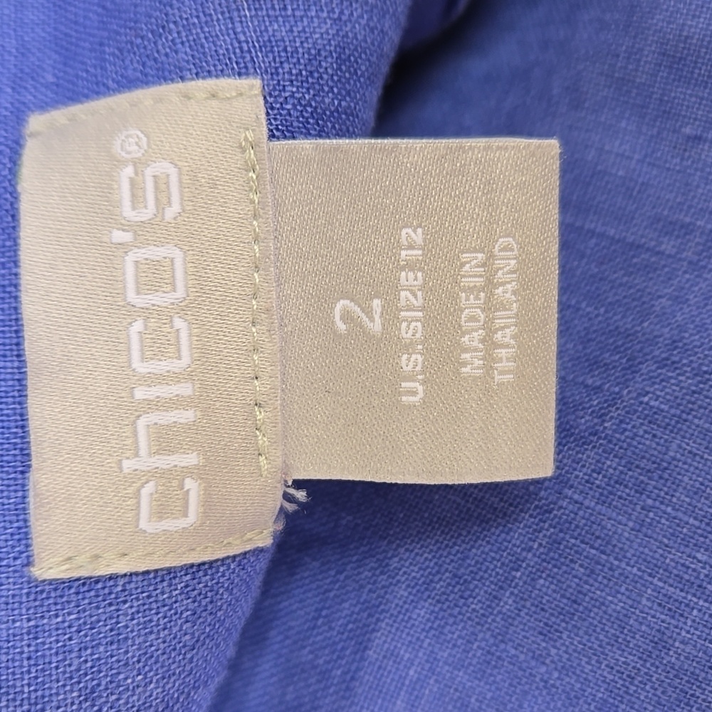 Chico's Linen Blue Button-Up Shirt Tunic Beach Cover 3/4 sleeve, Size 12 - Picture 4 of 8